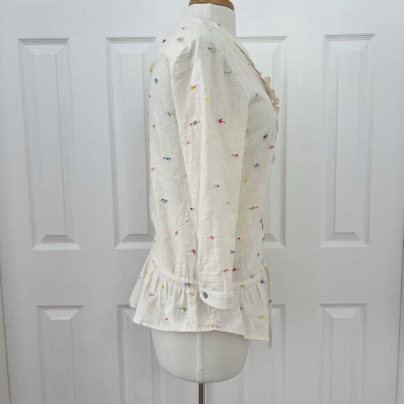 Poeta Womens Multicolored Thread Flecks Embroidered Ruffle Linen Blouse Size XS - Picture 4 of 7